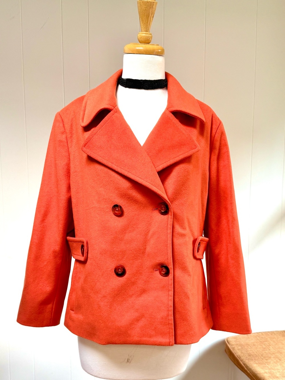 Vintage Doncaster Double-Breasted Pea Coat Wool Cashmere Bright Orange 14